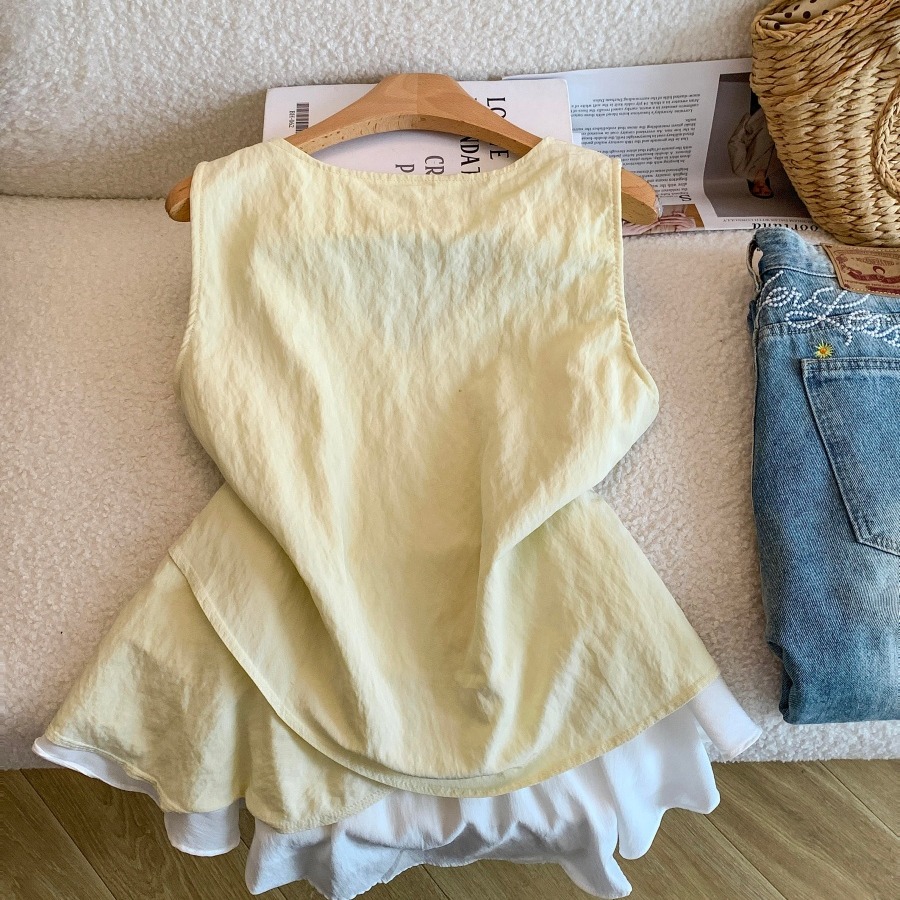 Women's Color Block V-Neck Sleeveless Shirt with Asymmetrical Ruffle Hem - Image 5