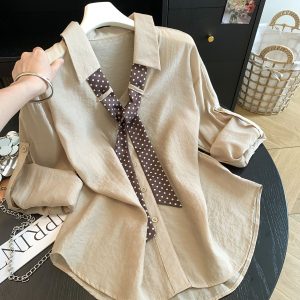 Retro Polka Dot Scarf Sun Protection Shirt Women 2026 Summer Loose Long Sleeve Collared Casual Top
