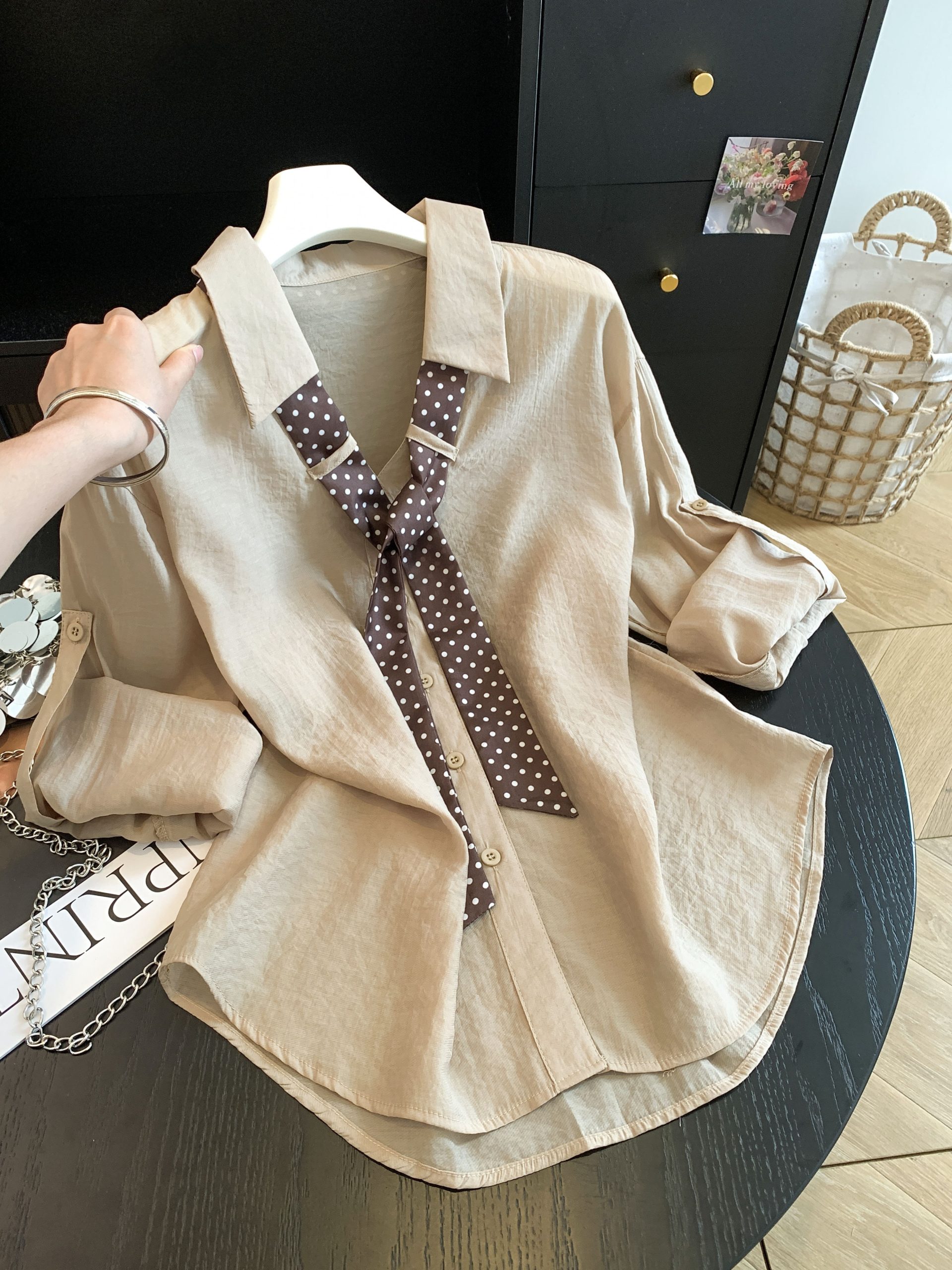 Retro Polka Dot Scarf Sun Protection Shirt Women 2026 Summer Loose Long Sleeve Collared Casual Top