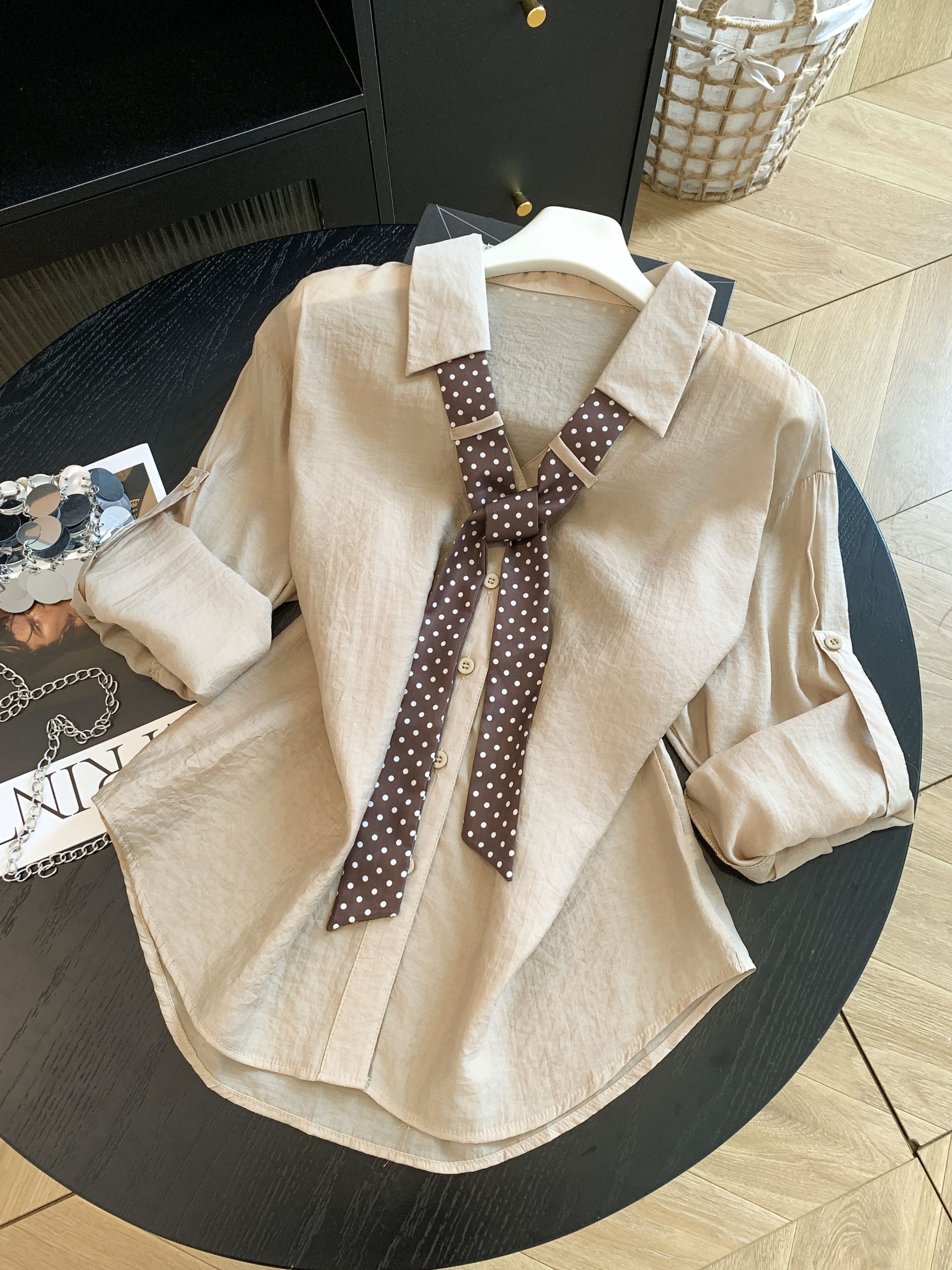 Retro Polka Dot Scarf Sun Protection Shirt Women 2026 Summer Loose Long Sleeve Collared Casual Top - Image 2