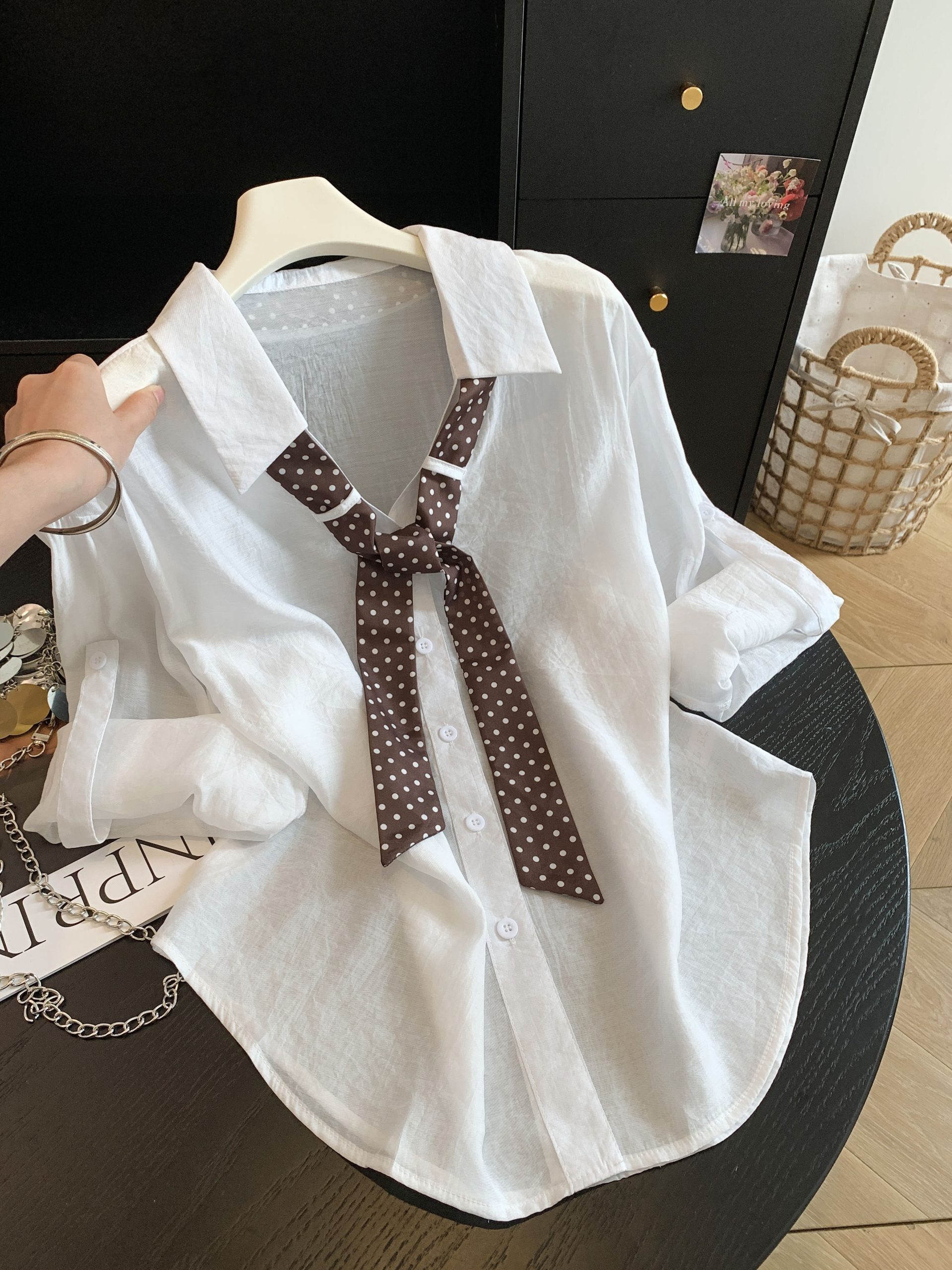 Retro Polka Dot Scarf Sun Protection Shirt Women 2026 Summer Loose Long Sleeve Collared Casual Top - Image 3
