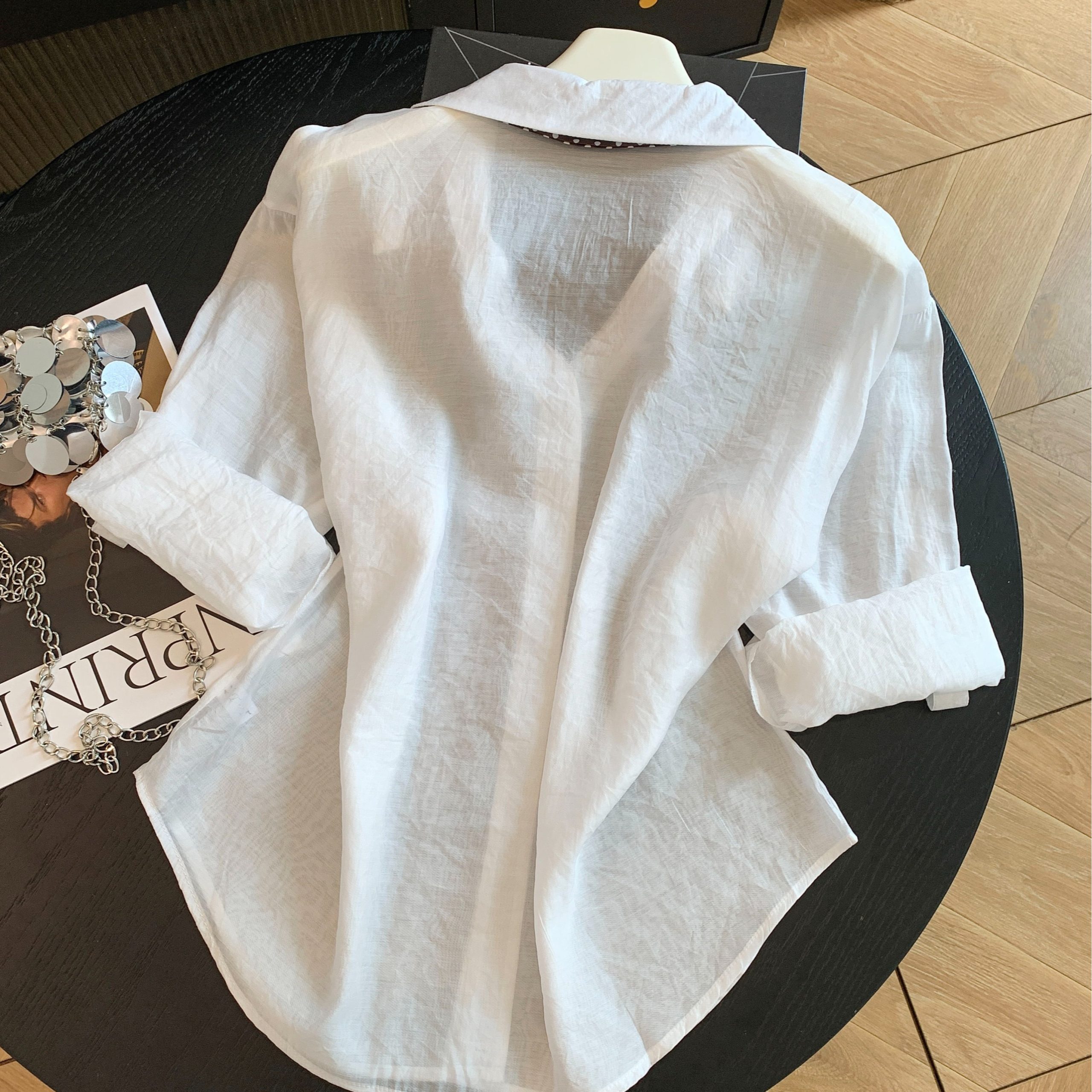 Retro Polka Dot Scarf Sun Protection Shirt Women 2026 Summer Loose Long Sleeve Collared Casual Top - Image 5