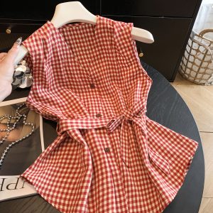 Light Mature Hong Kong Style Red Plaid Cinched Waist Shirt Women Summer Outerwear Sleeveless Vest Top