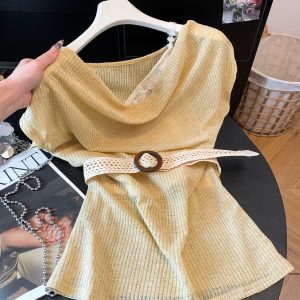 Boho Cowl Neck Lace Panel Faux Two Piece Cinched Waist One Shoulder T Shirt - Style be5659
