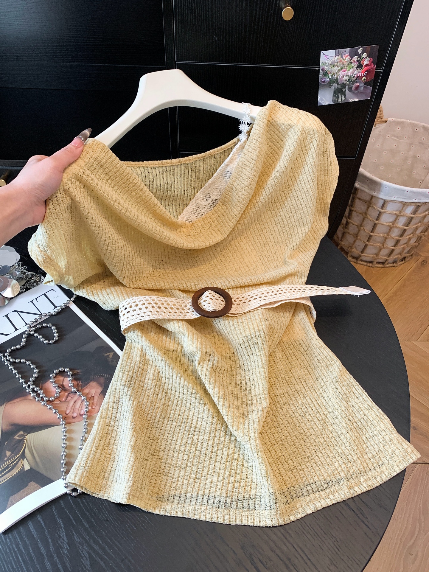 Boho Cowl Neck Lace Panel Faux Two Piece Cinched Waist One Shoulder T Shirt - Style be5659