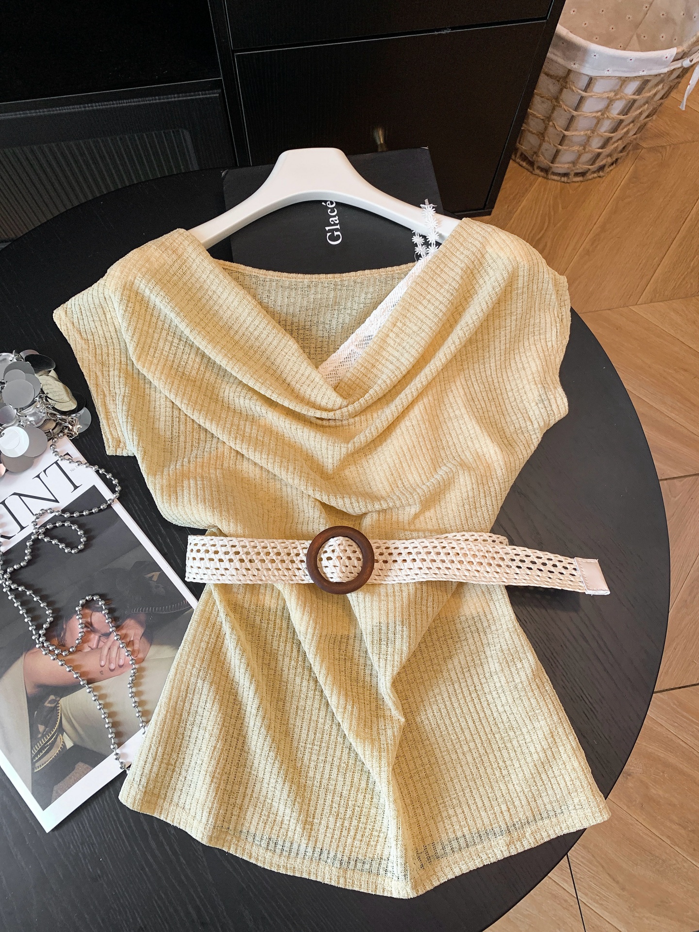 Boho Cowl Neck Lace Panel Faux Two Piece Cinched Waist One Shoulder T Shirt - Style be5659 - Image 2