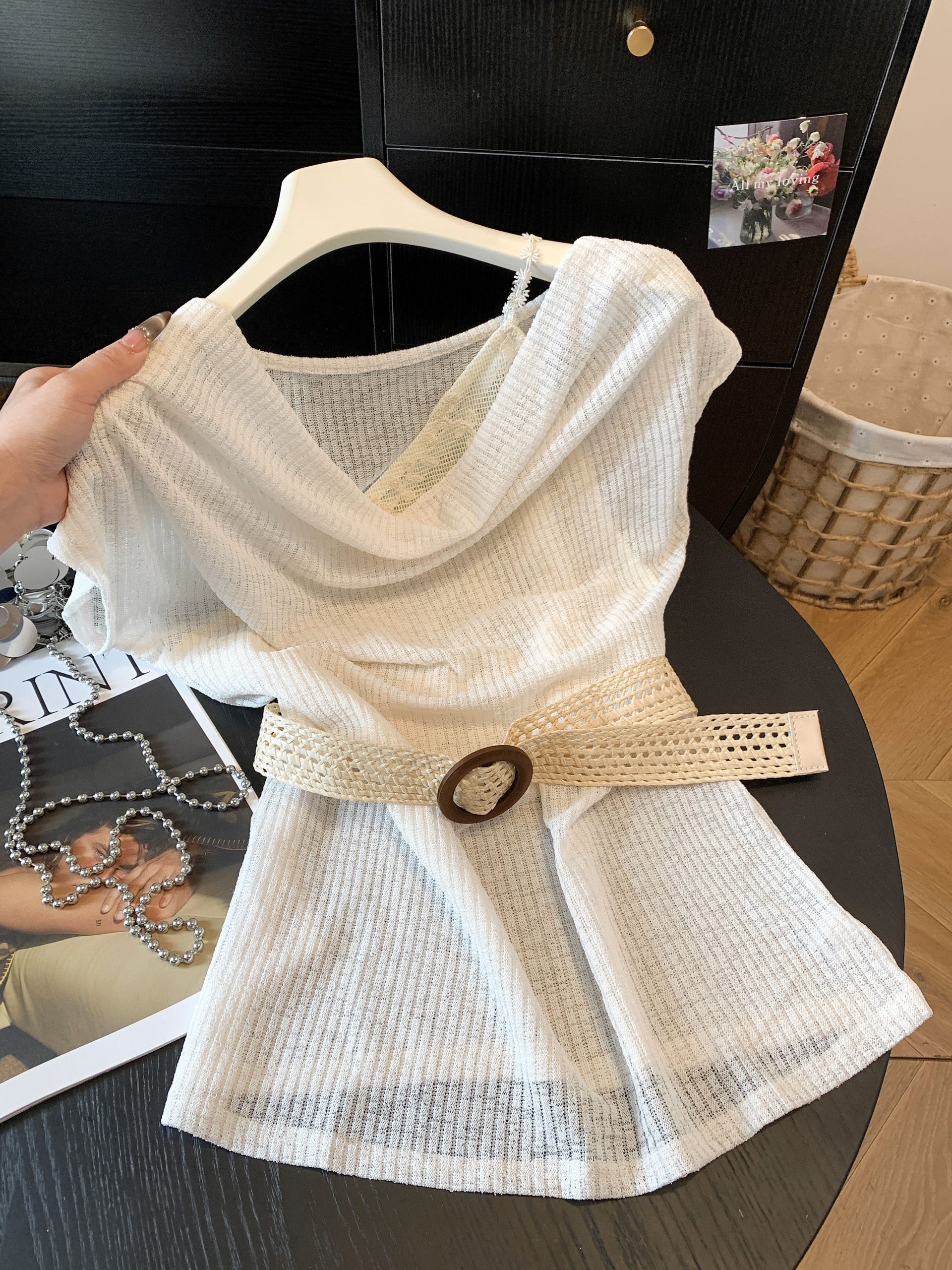 Boho Cowl Neck Lace Panel Faux Two Piece Cinched Waist One Shoulder T Shirt - Style be5659 - Image 3