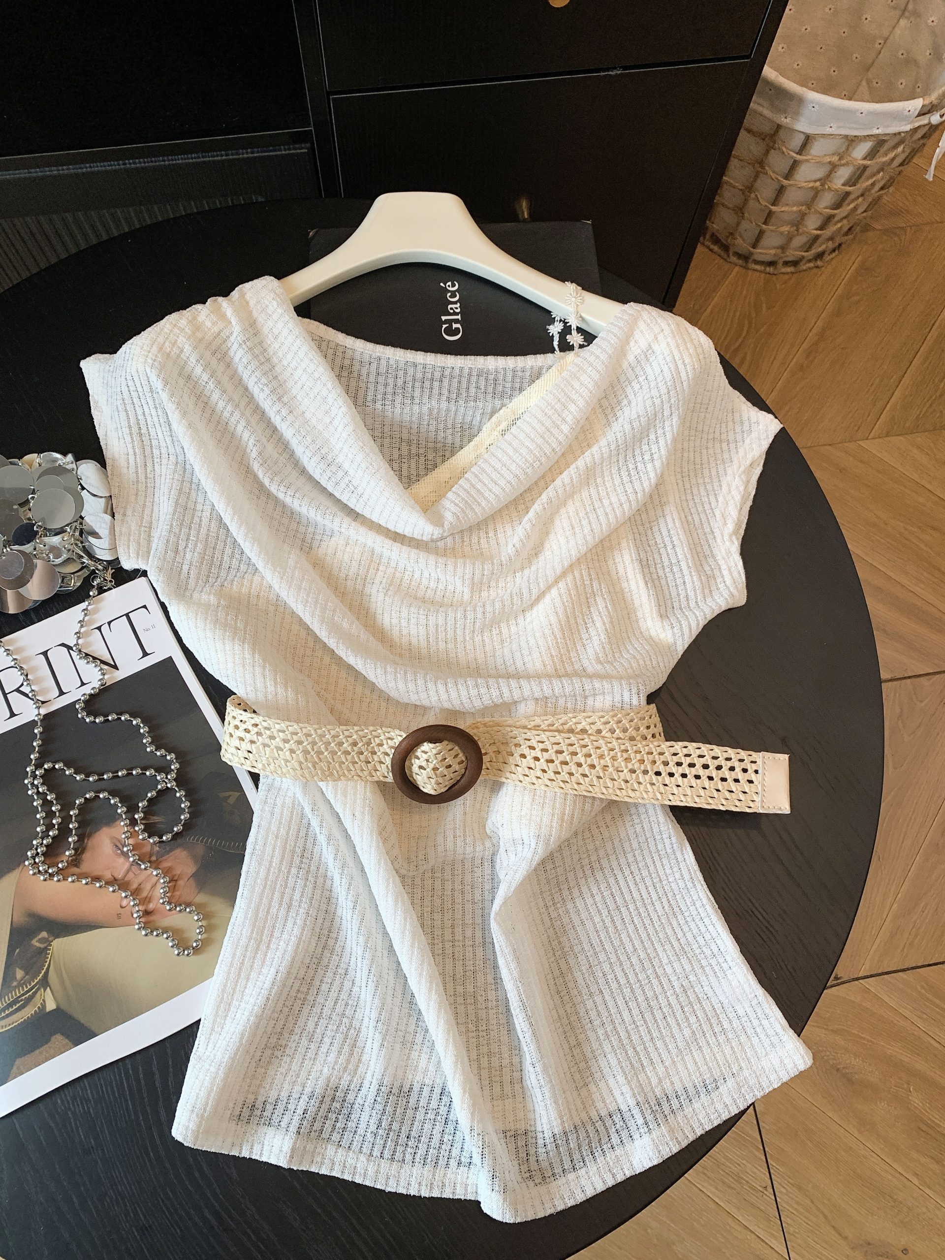 Boho Cowl Neck Lace Panel Faux Two Piece Cinched Waist One Shoulder T Shirt - Style be5659 - Image 4
