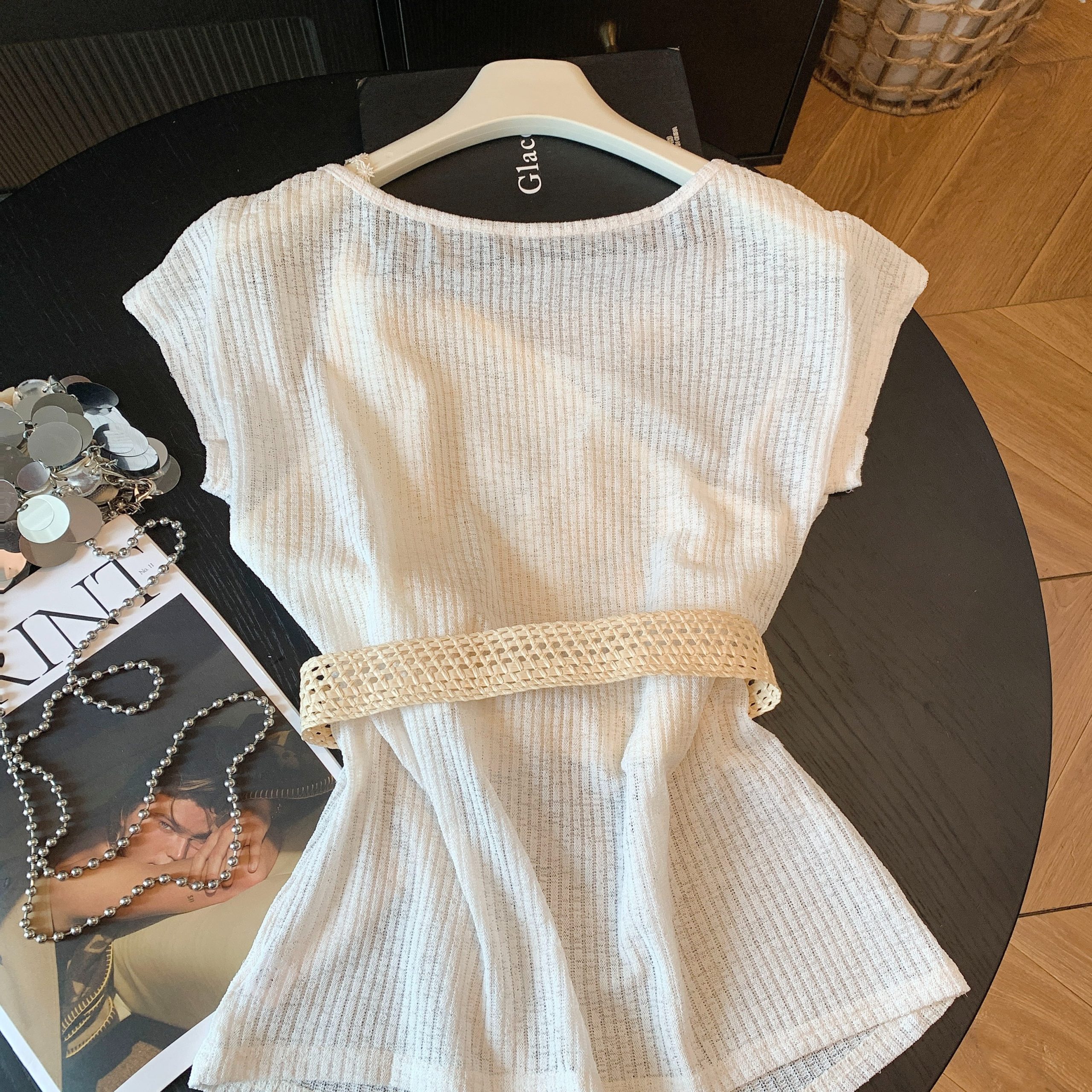 Boho Cowl Neck Lace Panel Faux Two Piece Cinched Waist One Shoulder T Shirt - Style be5659 - Image 5
