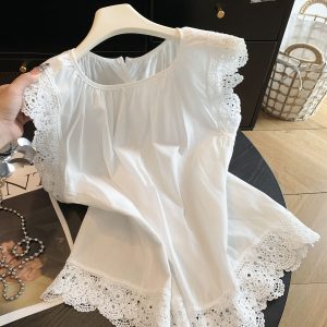 Women's Hollow Lace Spliced Cap Sleeve Shirt 2026 Summer French Style