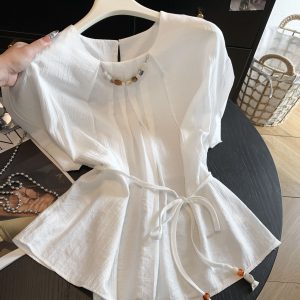 French Beaded Round Neck Tie Waist Short Sleeve Shirt for Women Summer Slimming Loose Top