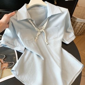 Korean Casual Polka Dot Ribbon Short Sleeve Shirt Women Summer New Simple Elegant Slimming Top