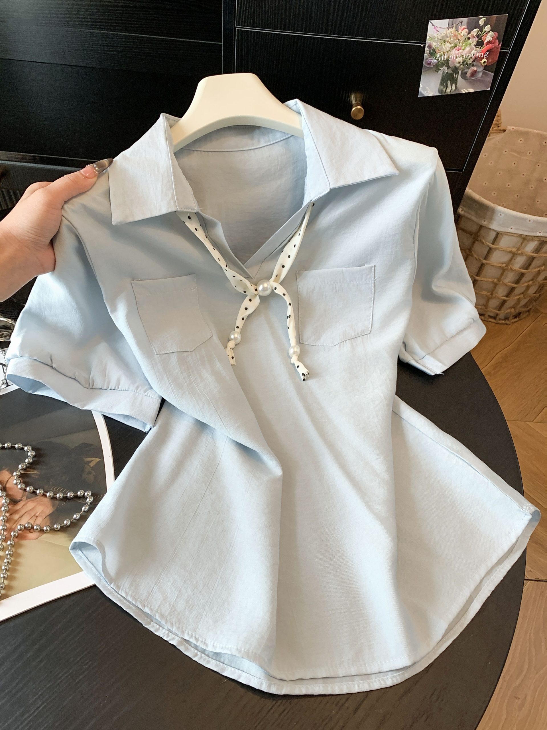 Korean Casual Polka Dot Ribbon Short Sleeve Shirt Women Summer New Simple Elegant Slimming Top