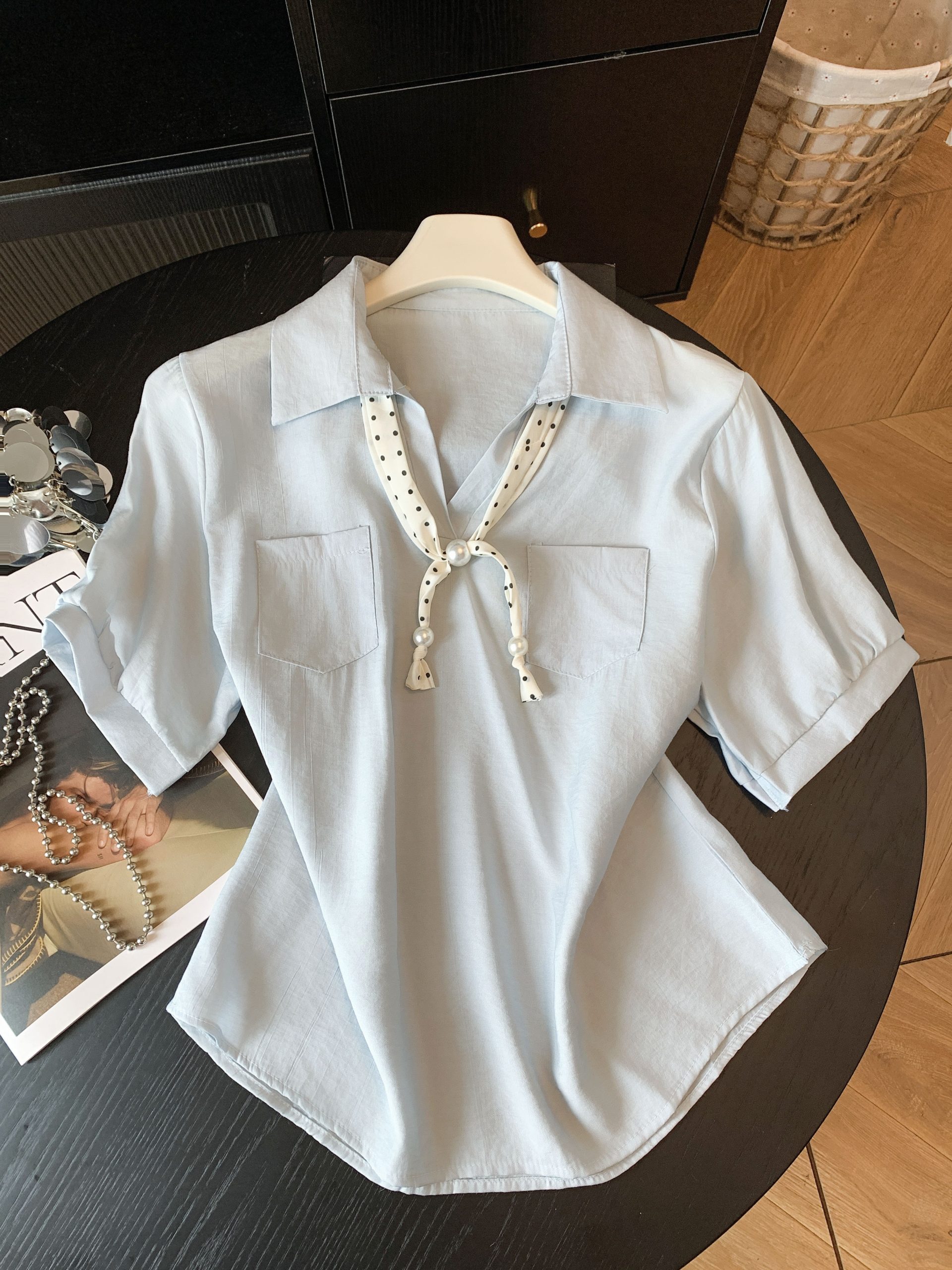 Korean Casual Polka Dot Ribbon Short Sleeve Shirt Women Summer New Simple Elegant Slimming Top - Image 2