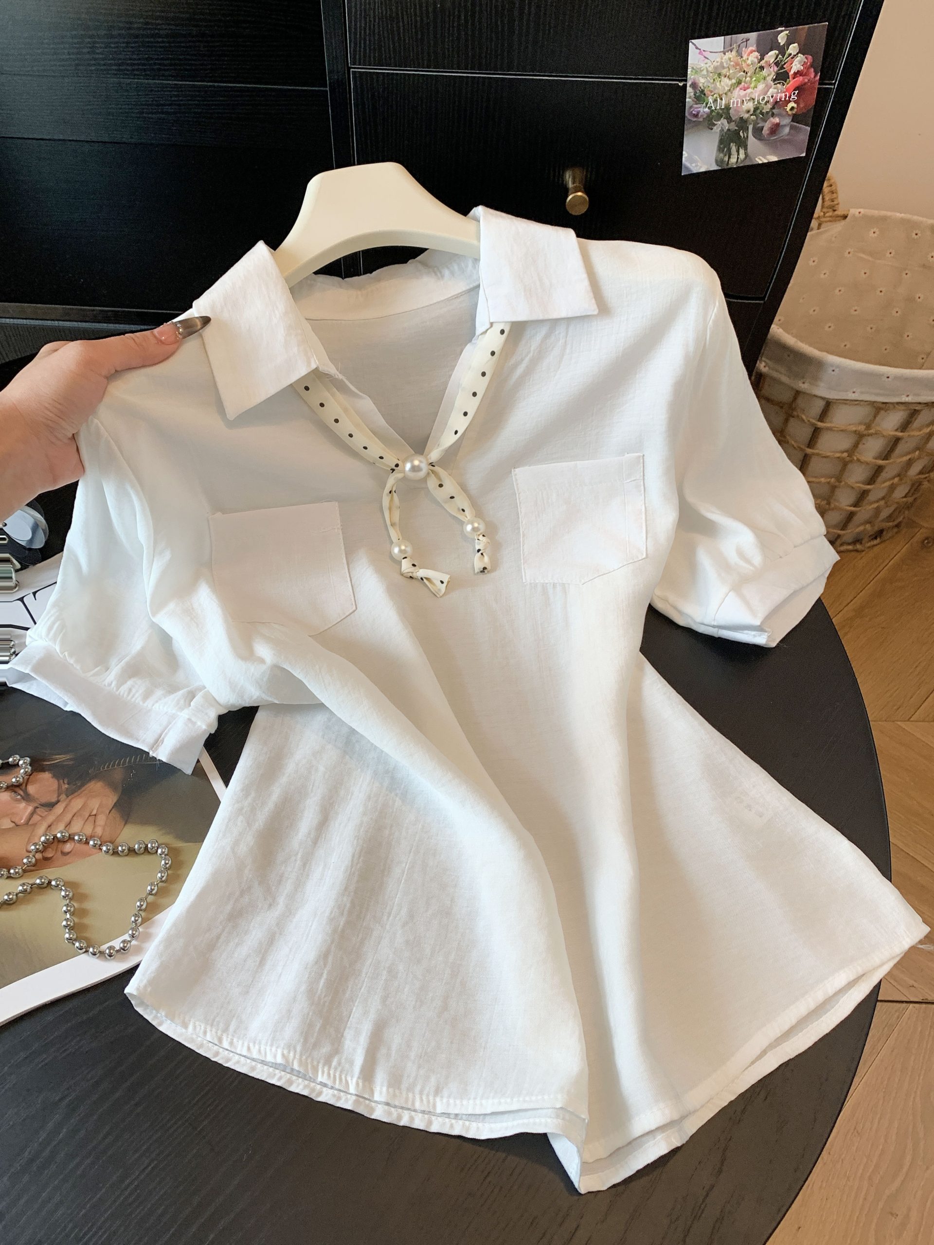 Korean Casual Polka Dot Ribbon Short Sleeve Shirt Women Summer New Simple Elegant Slimming Top - Image 3