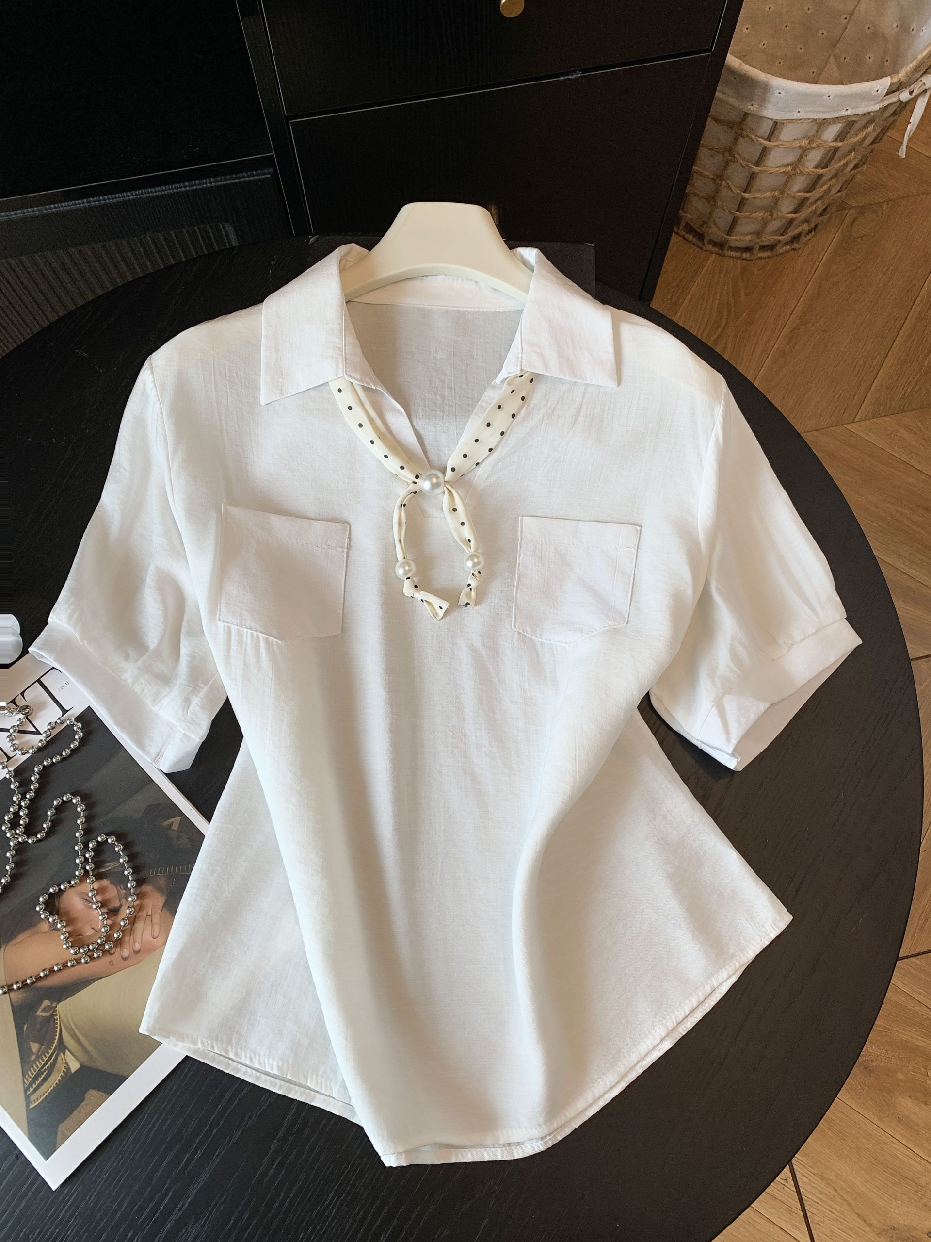 Korean Casual Polka Dot Ribbon Short Sleeve Shirt Women Summer New Simple Elegant Slimming Top - Image 4