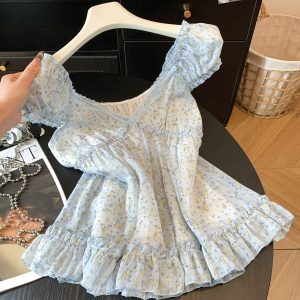 Sweet French Floral V-Neck Puff Sleeve Women's Shirt Summer Loose Fit Top